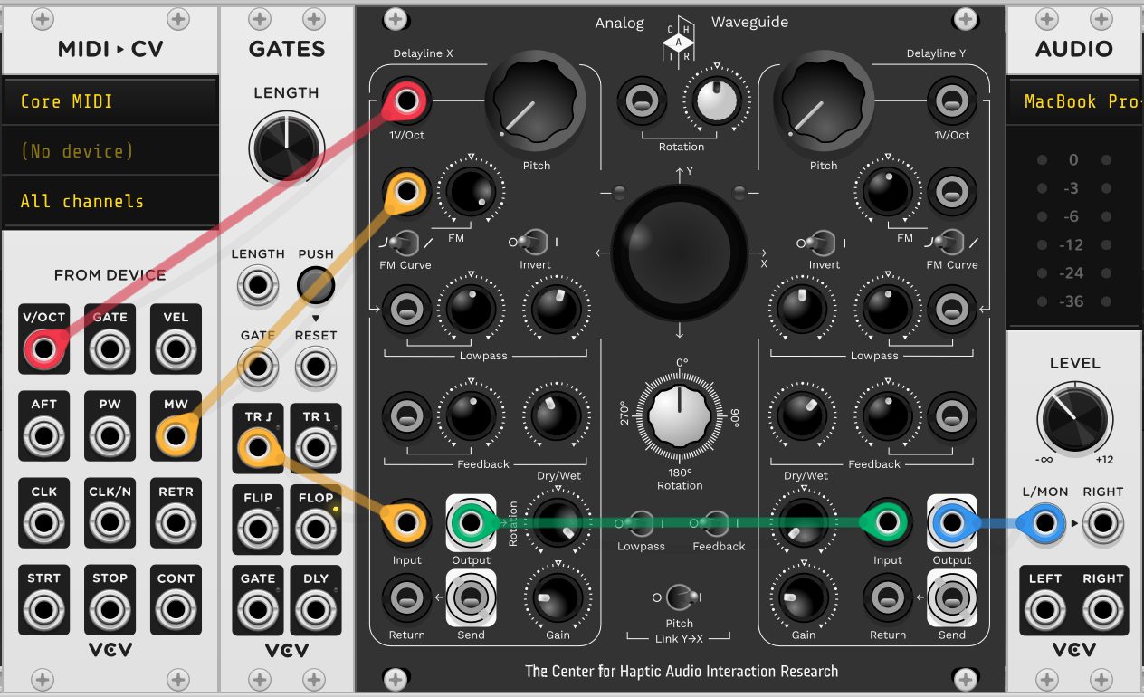 VCV Rack patch: folded string with pluck position modeling using two Analog Waveguide delay lines.
