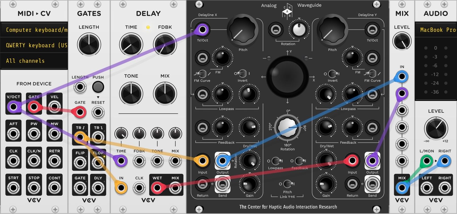 VCV Rack patch showing an unfolded string model using both delay lines with cross-feedback and inversion.