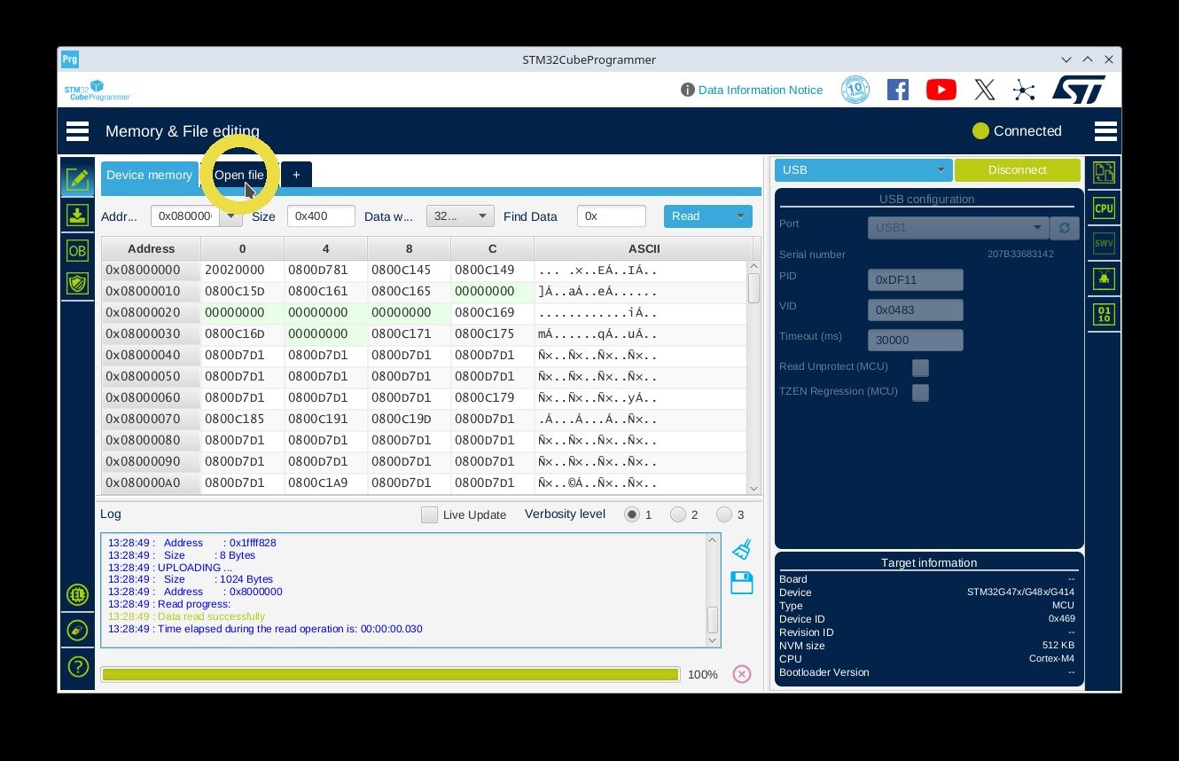 STM32CubeProgrammer: click the Open file tab and choose the firmware file.