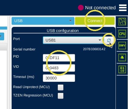 STM32CubeProgrammer: click the reload icon, choose the device by PID/VID, then click Connect.