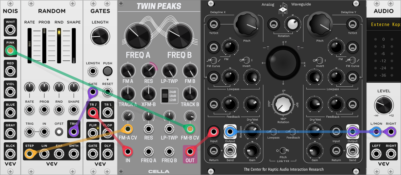 VCV Rack patch for handpan/steel drum sound using two bandpass-filtered LFO/noise sources into the Analog Waveguide.
