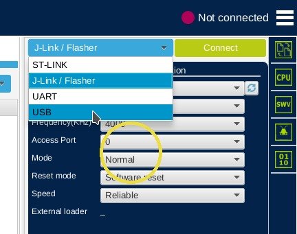 STM32CubeProgrammer: select USB from the connection type dropdown.
