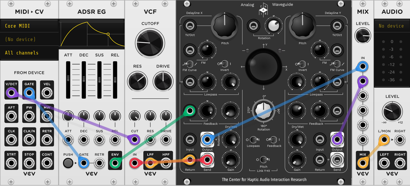 VCV Rack patch for a natural trumpet/brass sound using a single delay line as bore with a resonant filter in its feedback loop.